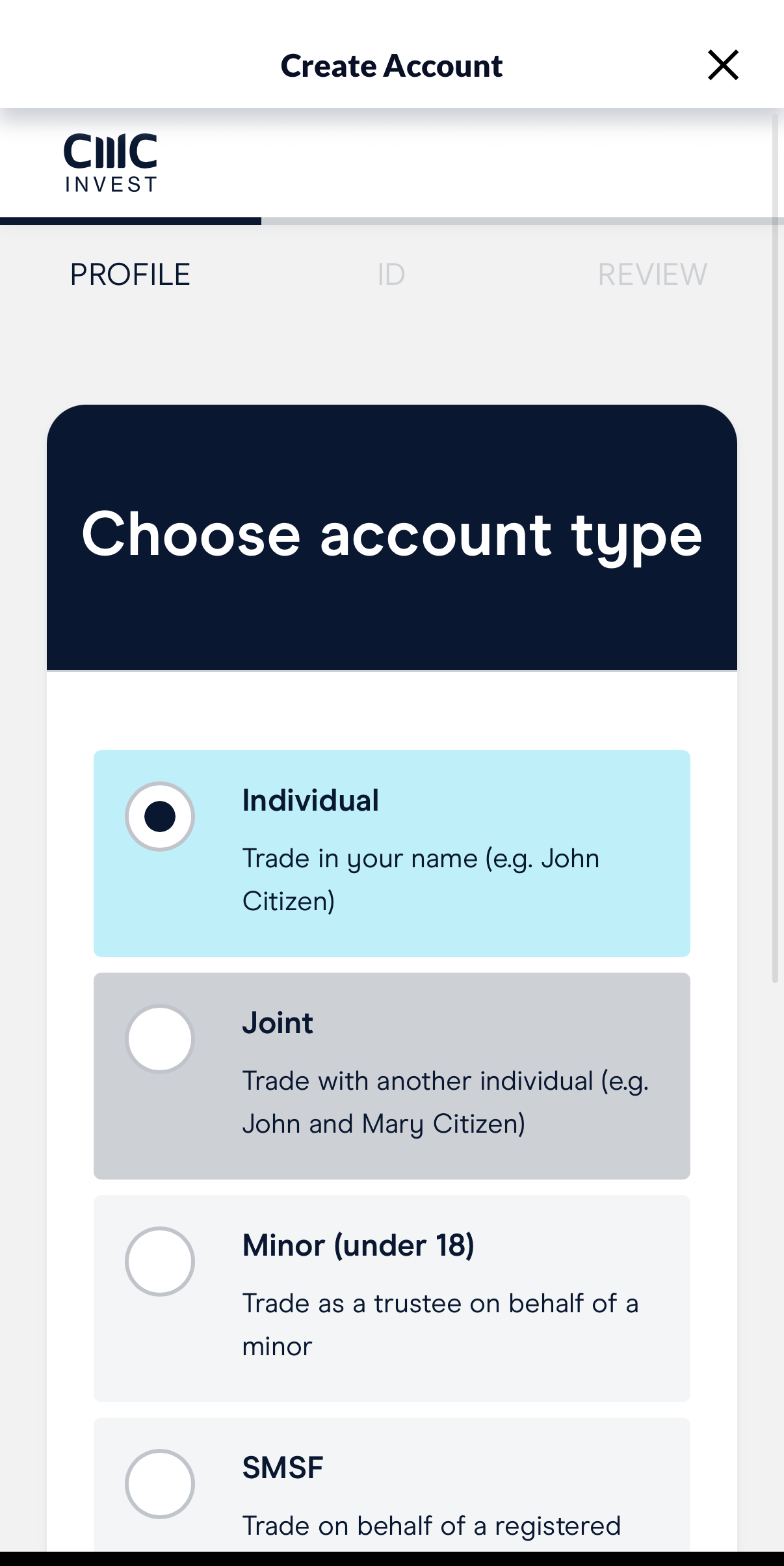 CMC Invest 口座タイプ選択画面