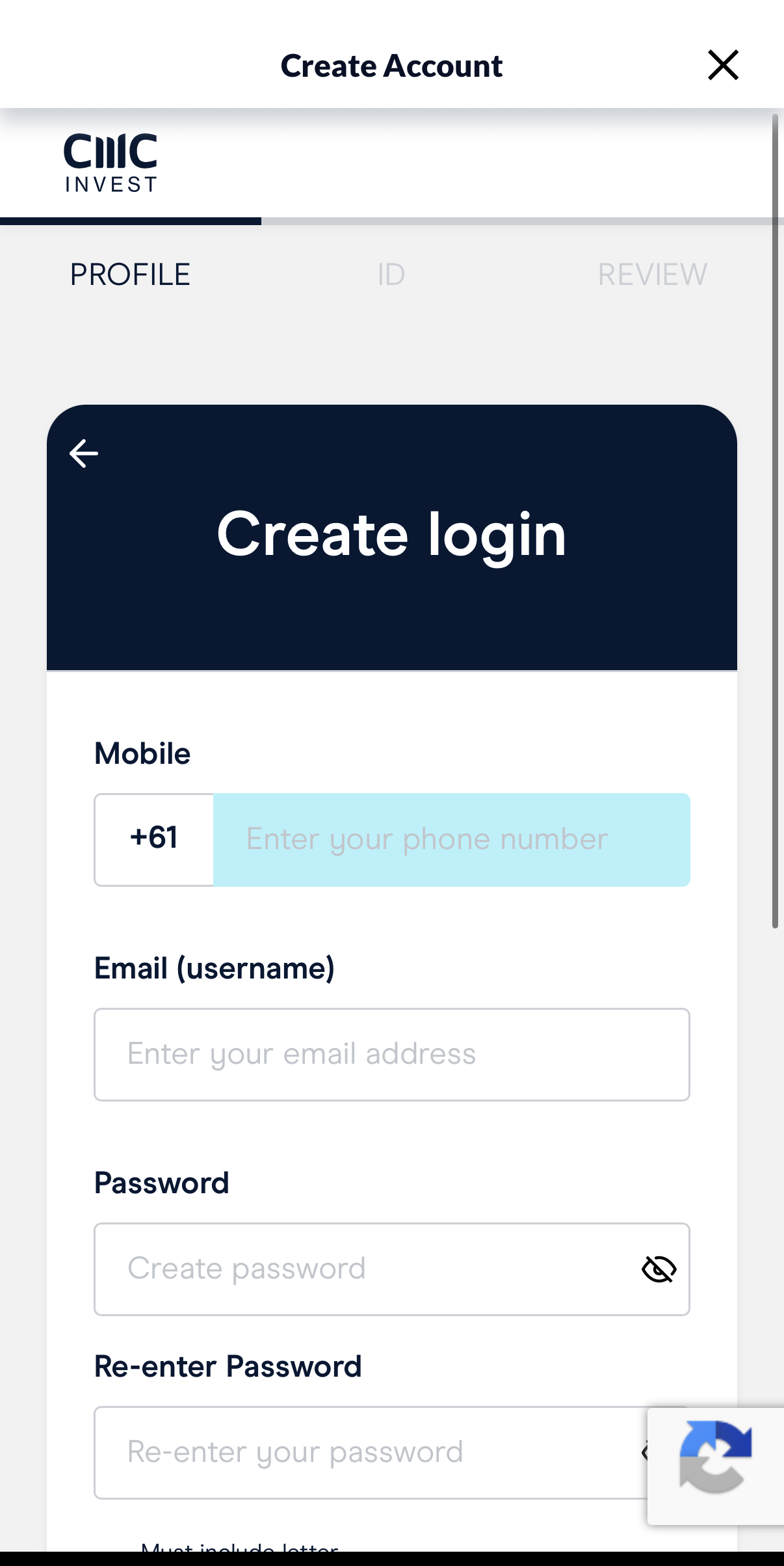 CMC Invest ログイン作成画面