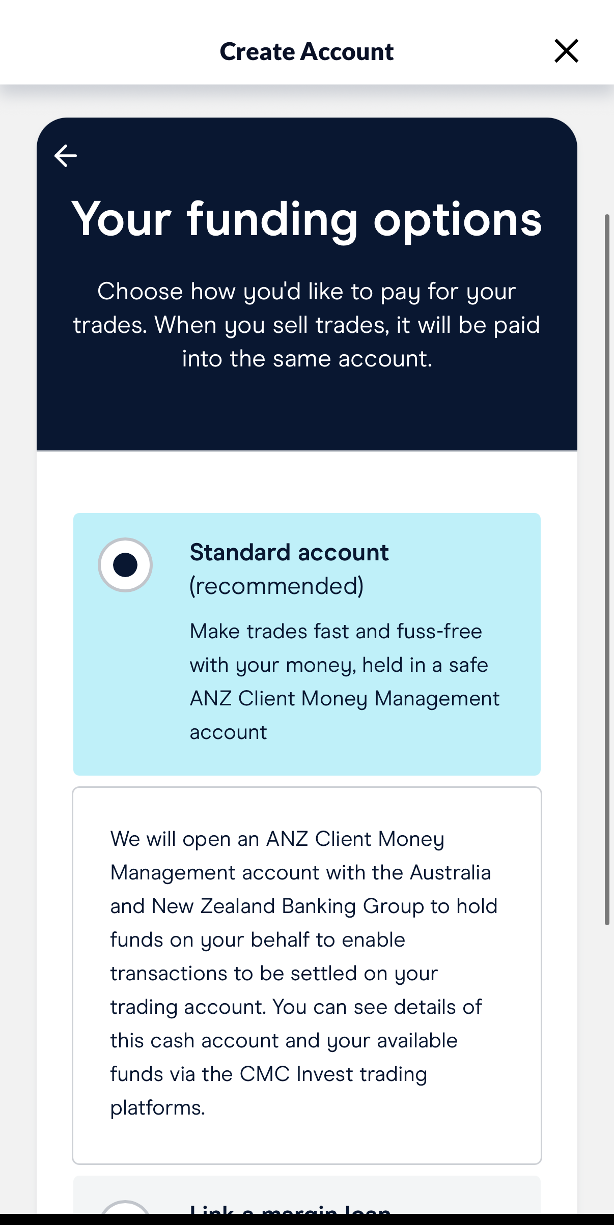 CMC Invest 入金方法選択画面