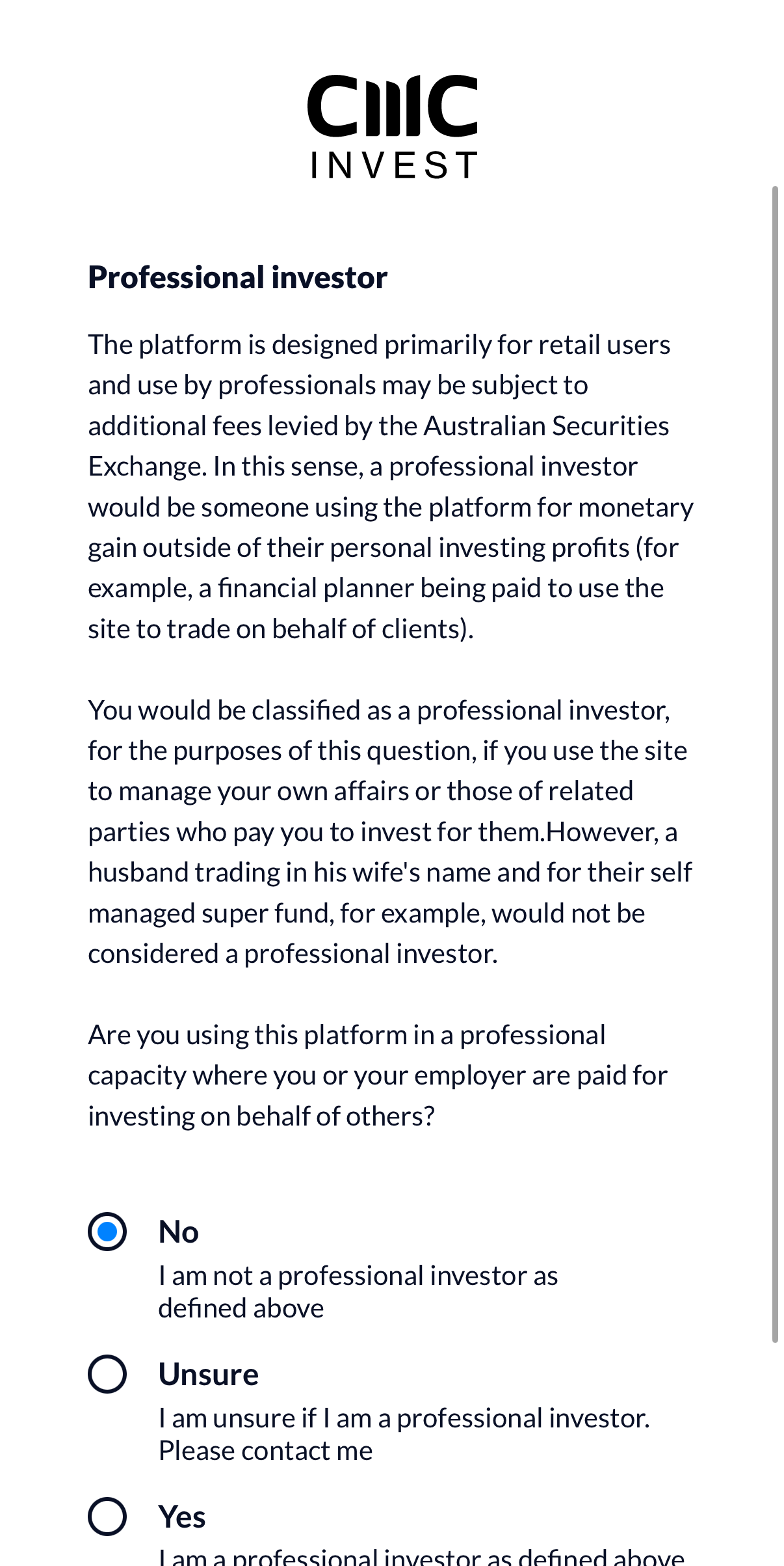 Professional investor確認画面