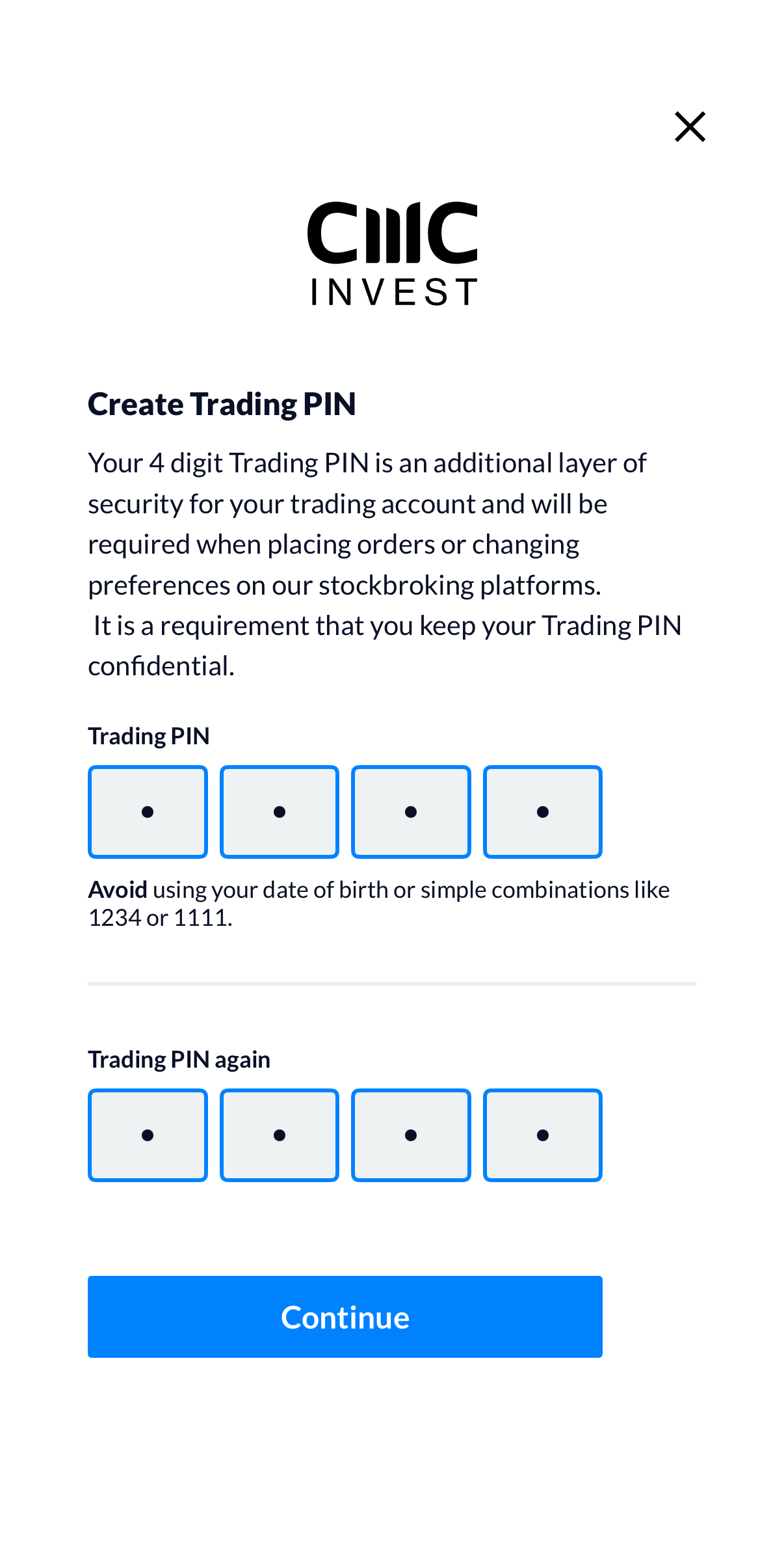 Trading PIN確認入力画面