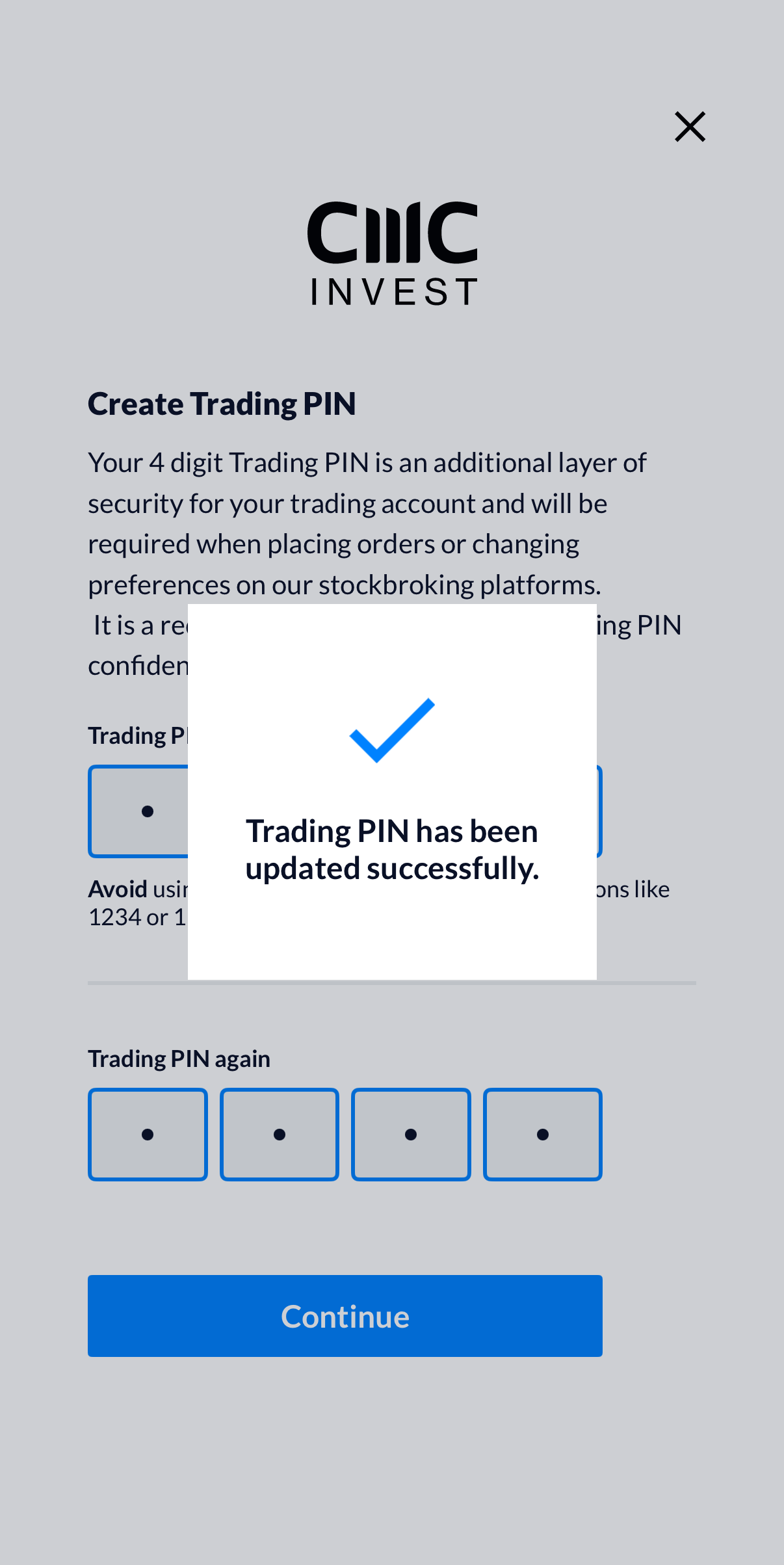 Trading PIN設定完了画面